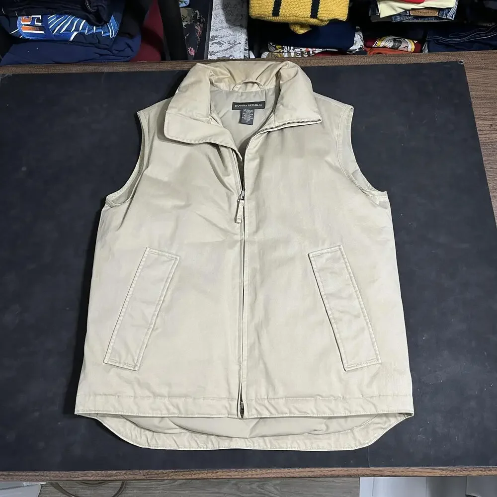 Banana Republic Down Puffer Vest Mens Small Preppy Canvas Safari Jacket Gorpcore